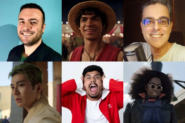 Montagem com fotos dos dubladores de One Piece