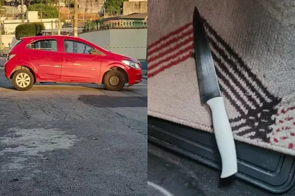 Montagem colorida com carro roubado de motorista de aplicativo e faca usada pelo criminoso - Metrópoles