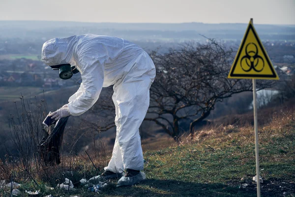 Foto colorida de homem com roupa de proteção catando lixo nuclear - Metrópoles.