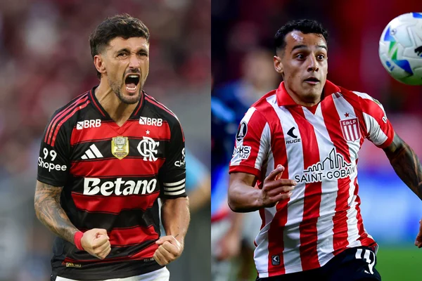 Foto montagem colorida de Arrascaeta e Palacios, jogadores de Flamengo e Estudiantes - Metrópoles