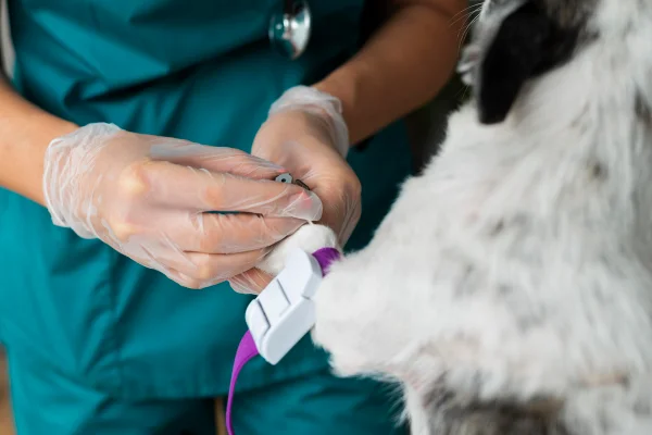 Imagem colorida de veterinário fazendo coleta de sangue pet