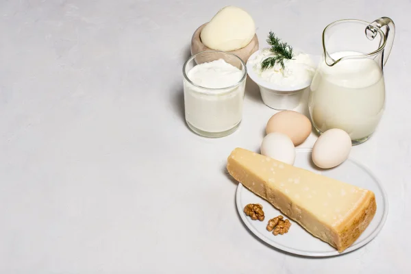 Foto mostra vários alimentos com lactose, como leite, iogurte e queijos - Metrópoles