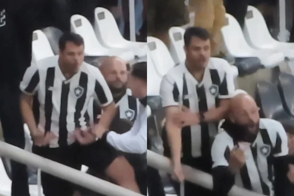 Foto colorida do torcedor Botafogo fazendo gestos racistas - Metrópoles