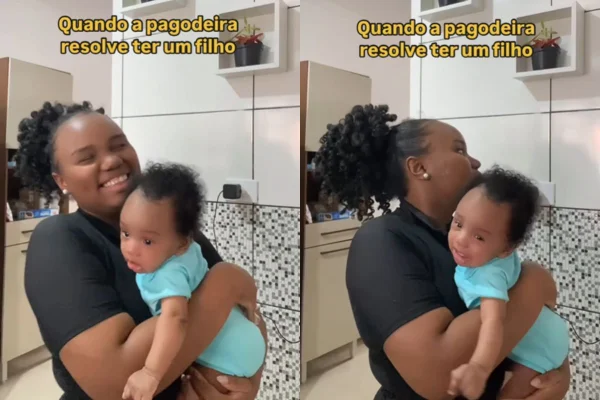 "Quando a pagodeira resolve ter um filho", brincou Paula Albaro ao mostrar a reação de seu bebê ao ouvir música de Zeca Pagodinho - Metrópoles