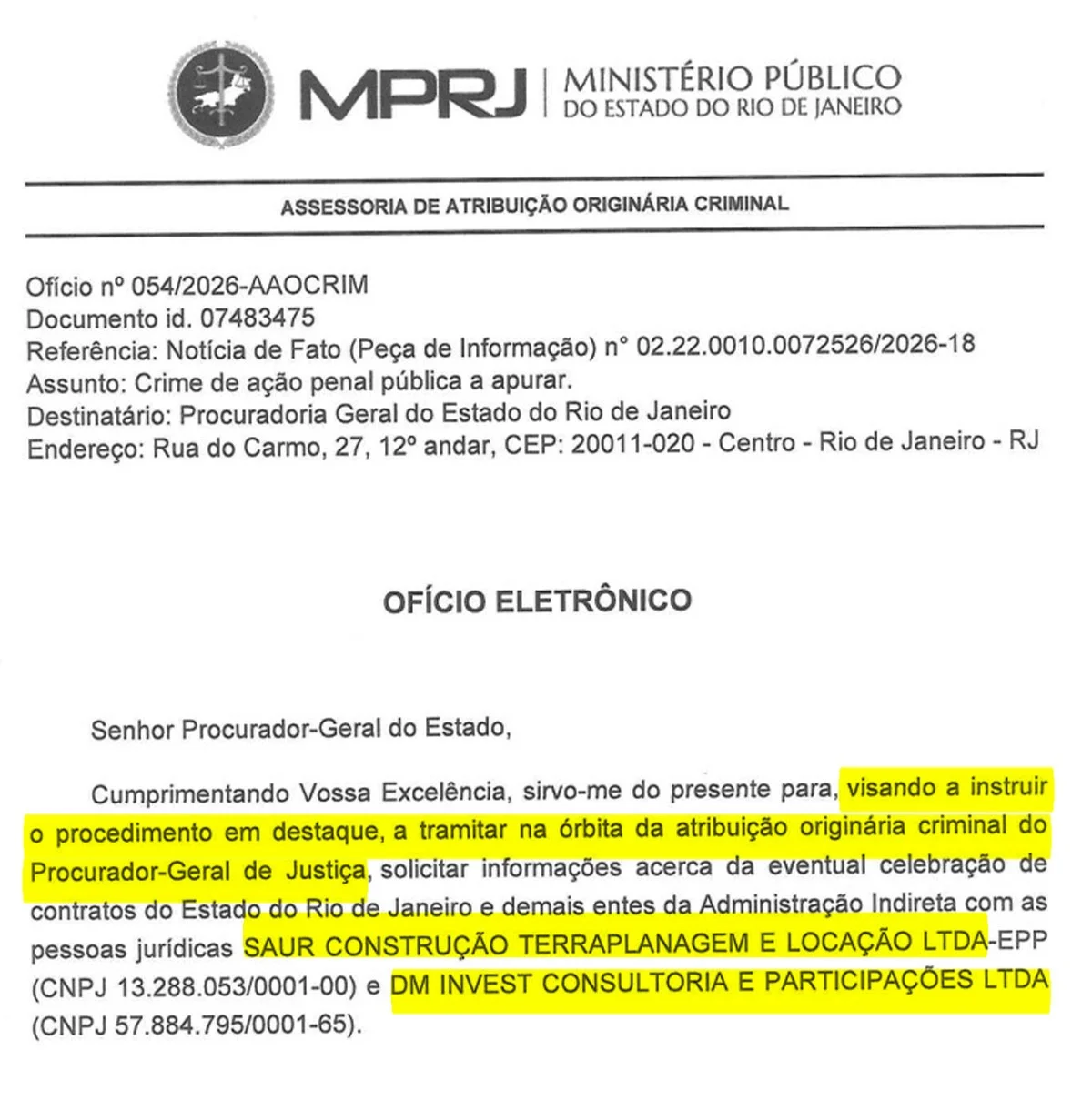 Ofício do Ministério Público do Rio de Janeiro para a Procuradoria-Geral do Estado Ofício do Ministério Público do Rio de Janeiro para a Procuradoria-Geral do Estado