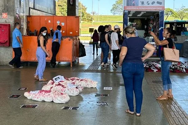 Fotografia colorida mostra pessoas olhando para intervenção artística no chão