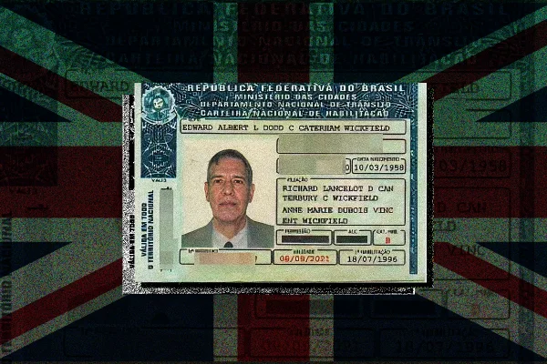 imagem colorida mostra arte com bandeira do reino unido e carteira de habilitação de juiz aposentado investigado por falsidade ideológica