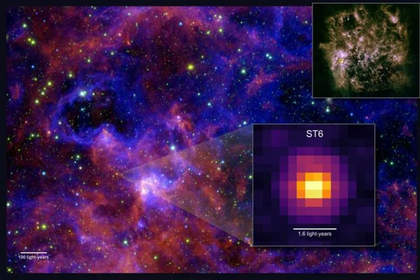 Ilustração colorida mostra detalhes da protoestrela ST6