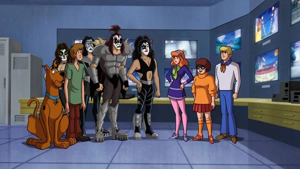 Imagem colorida de desenho animado do Scooby Doo com o Kiss-Metrópoles