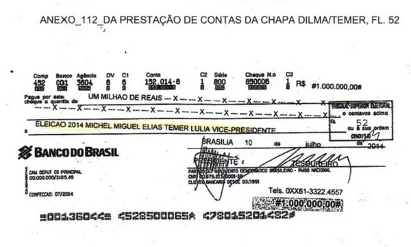 Cheque de R$ 1 milhão para a campanha Dilma/Temer é tema de acareação