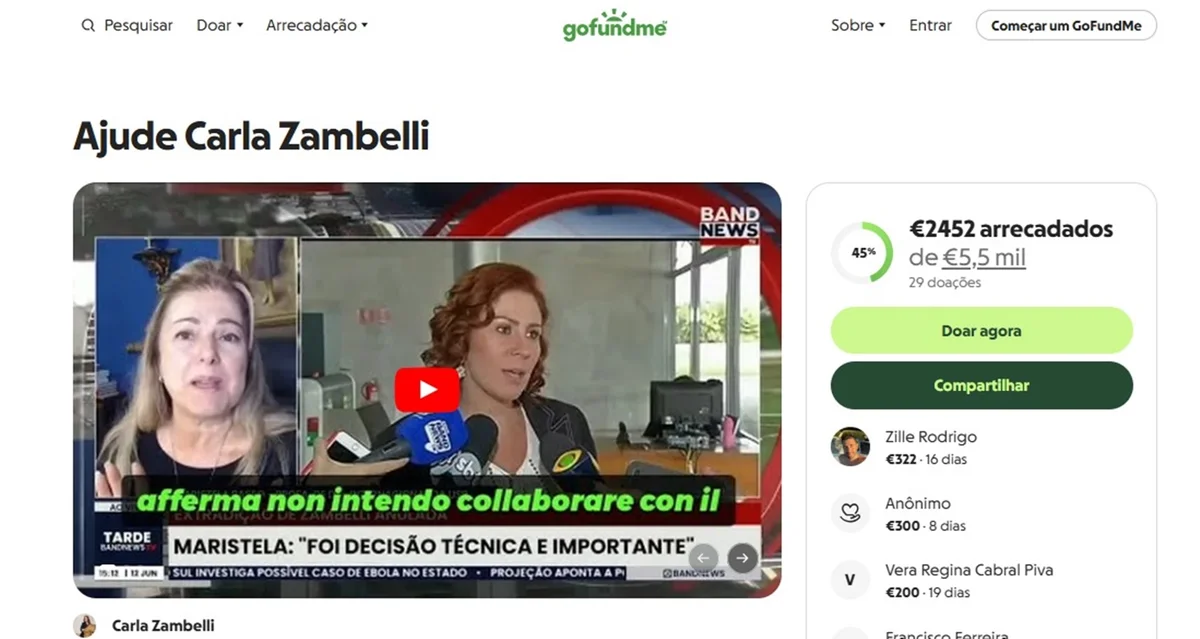 Temendo Moraes, Zambelli cria vaquinha em plataforma americana - imagem 1 Temendo Moraes, Zambelli cria vaquinha em plataforma americana - imagem 1