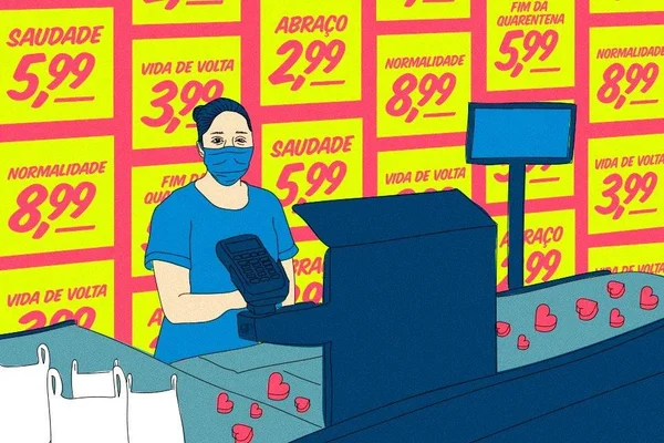 Ilustração da coluna de Conceição Freitas: A moça do caixa e o corona: “Que saudade da minha vida! Quero ela de volta”