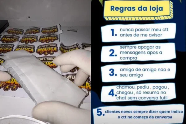 Imagem colorida mostra duas fotos lado a lado. Na esquerda está uma mão com luva branca manuseando um pacote de drogas. Na direita, uma lista de regras escritas - Metrópoles