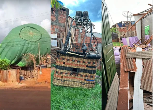 Imagem colorida de balão de ar quente que atingiu fiação elétrica e caiu em casas, em Mato Grosso - Metrópoles