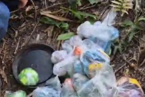 Foto colorida de drogas encontradas dentro de tonel enterrado na Mata Atlântica, em Itanhaém, litoral sul de São Paulo. Elas seriam de núcleo do PCC - Metrópoles