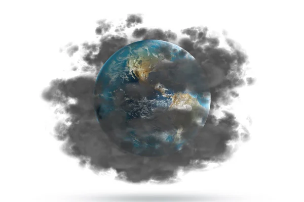 Arte colorida representando a Terra cheia de dióxido de carbono em sua volta - Metrópoles