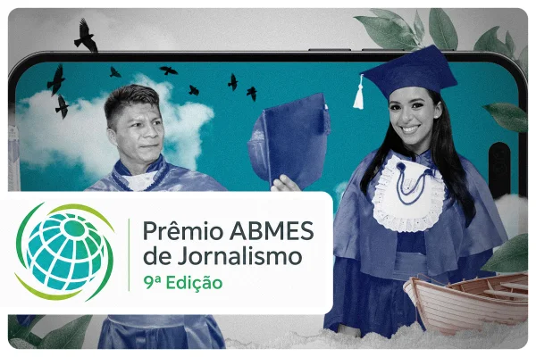 Arte sobre foto de um homem e uma mulher con trajes de formatura e a logomarcado prêmio Abmes