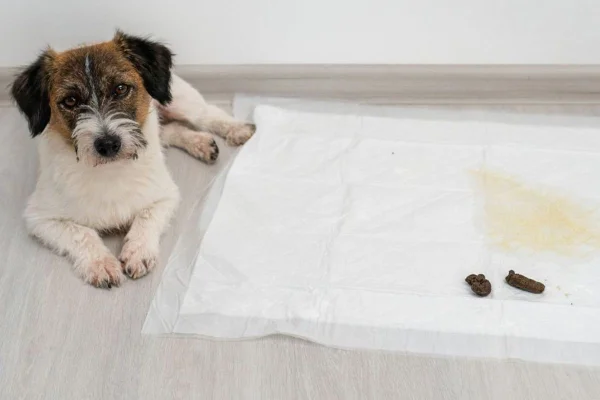 Cachorrinho branco fez coco no tapete higiênico