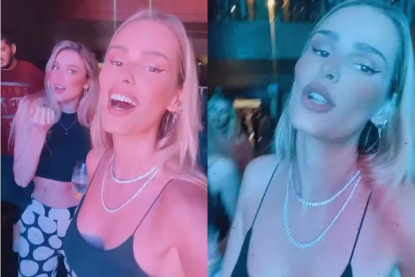 A montagem colorida mostra Yasmin Brunet nas duas fotos, aproveitando o show do cantor Luan Santana