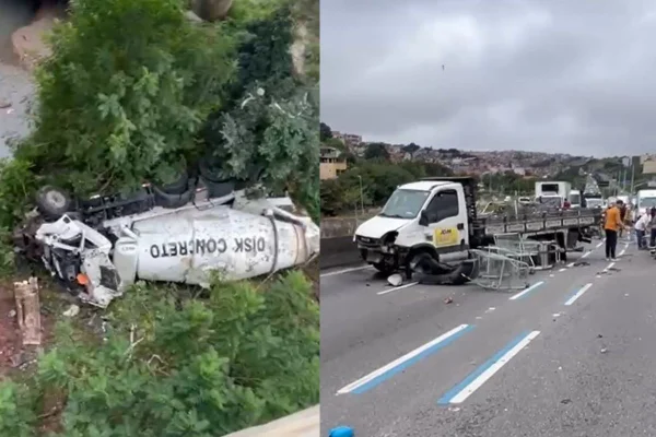 Imagem colorida mostra caminhões que se acidentaram na zona leste de SP - Metrópoles