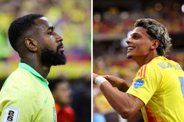 Gerson e Richard Ríos fazem duelo de meias em Brasil x Colômbia