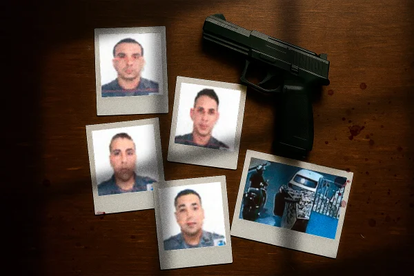 Arte gráfica com retrato de quatro poliiais, sobre mesa de madeira, ladeadas por pistola - Metrópoles