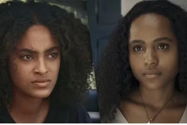 Foto colorida de Maria Santa (Duda Santos) e Teca (Lívia Silva), em Renascer