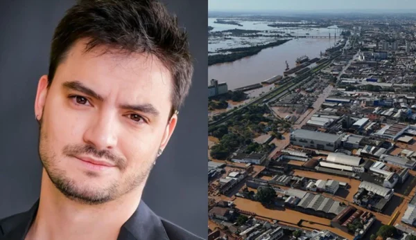 Imagem colorida de Felipe Neto e enchente no RS - Metrópoles