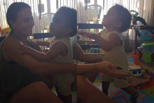 montagem com foto de Viviane Araújo segurando o filho Joaquim e do menino andando - metrópoles
