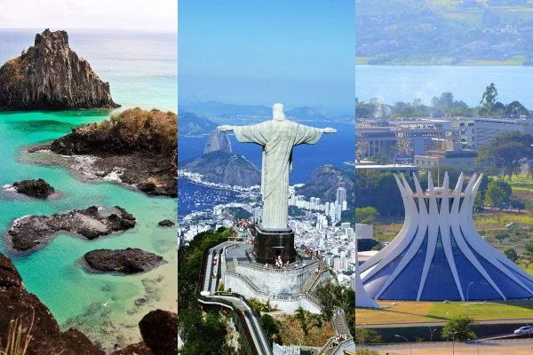 Imagem dividida em três partes mostra os Pontos turísticos do Brasil: Fernando de Noronha, Cristo Redentor e a Catedral de Brasília - Metrópoles