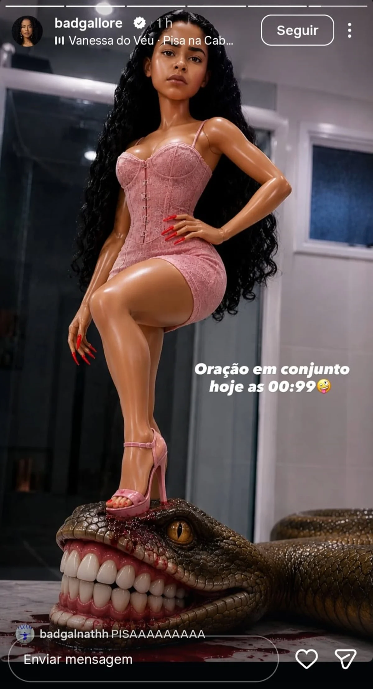 Lorena Maria compartilha imagem de IA pisando na cabeça de uma cobra Lorena Maria compartilha imagem de IA pisando na cabeça de uma cobra