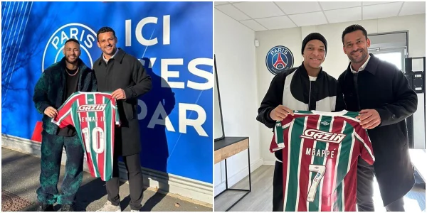 Montagem com fotos justaspostas do jogador Fred presentando Neymar (esquerda) e Mbappé (direira) com a camisa do Fluminense - Metrópoles