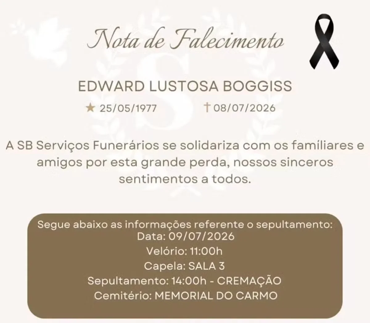 Edward Boggiss será cremado no Rio de Janeiro Edward Boggiss será cremado no Rio de Janeiro