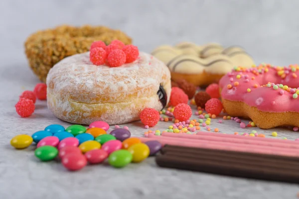 Rosquinhas polvilhadas com açúcar de confeiteiro e confeitos sobre um fundo branco. Metrópoles