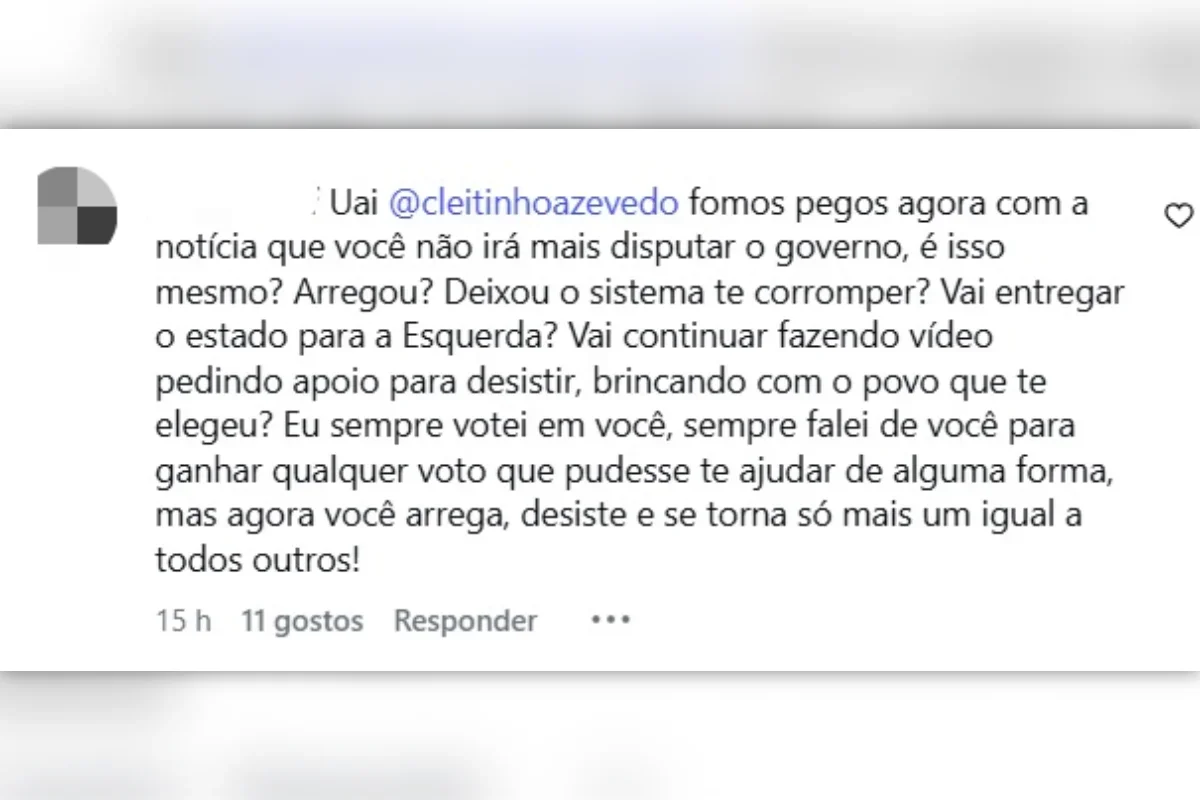 Apoiadores ficaram decepcionados com a decisão de Cleitinho de abandonar a corrida pelo Palácio Tiradentes Apoiadores ficaram decepcionados com a decisão de Cleitinho de abandonar a corrida pelo Palácio Tiradentes