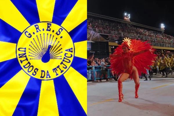 Montagem colorida da bandeira a Unidos da Tijuca com a última rainha de bateria da escola, Mileide Mihaile - Metrópoles