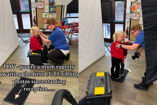 montagem com fotos coloridas de prints de vídeo de Mãe se surpreende com fotos escolares dos filhos e reação viraliza