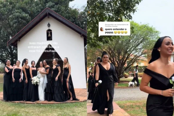 Além dos vestidos pretos, as madrinhas entraram no altar segurando rosas brancas. O casamento dividiu opiniões nas redes sociais - Metrópoles