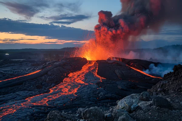 Uma foto de uma erupção vulcânica com lava derretida escorrendo por terrenos acidentados. Metrópoles