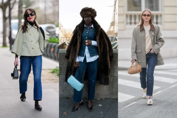 A imagem consiste numa montagem de três fotos de mulheres vestindo o mesmo tipo de calça jeans azul escura