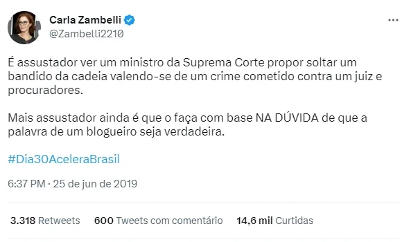 Zambelli critica decisão do STF em soltar suspeito de atacar ministros e promotores Zambelli critica decisão do STF em soltar suspeito de atacar ministros e promotores