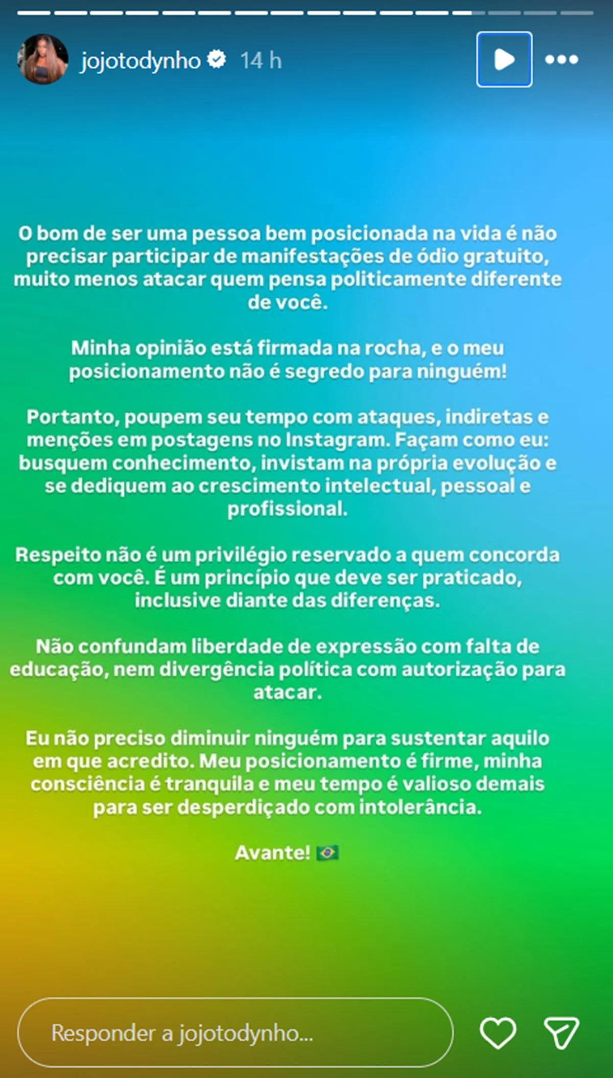 Jojo Todynho reage e diz que não se envolverá em “manifestações de ódio” - imagem 1 Jojo Todynho reage e diz que não se envolverá em “manifestações de ódio” - imagem 1