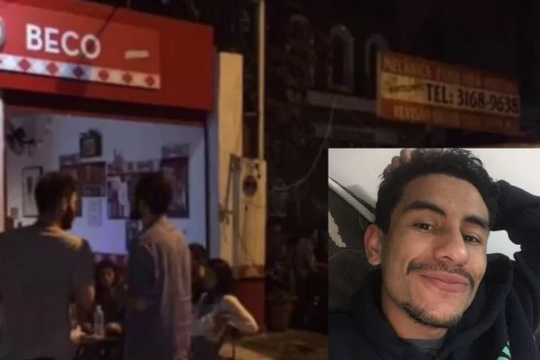 Imagem colorida de fachada de bar no período noturno. Na lateral esquerda, foto de rapaz de cavanhaque sorrindo - Metrópoles