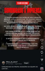 Shows de Hungria são adiados após suspeita de intoxicação por metanol
