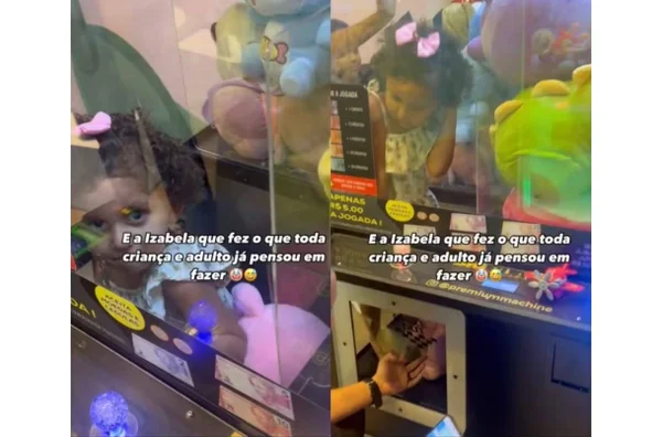 imagem colorida criança presa maquina de pelucias sc