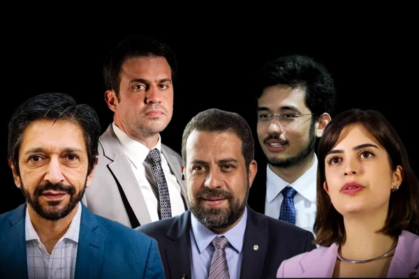 Montagem mostra pré-candidatos à Prefeitura de SP: Ricardo Nunes, Pablo Marçal, Guilherme Boulos, Kim Kataguiri e Tabata Amaral - Metrópoles