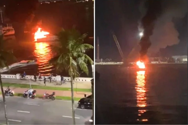 Vítimas foram socorridas pelo SAMU. Ainda não se sabe o que começou o fogo na embarcação, que estava na Ponta da Praia na hora do incidente - Metrópoles