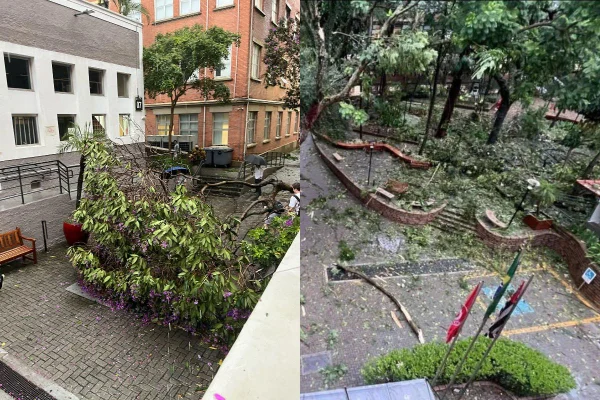 Imagem colorida de campus da faculdade Mackenzie destruído após temporal em SP