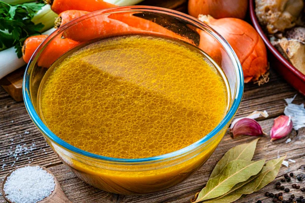 Foto colorida de caldo em tigela transparente - Metrópoles
