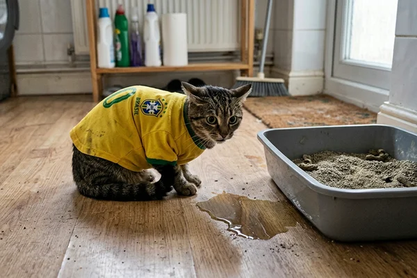 Imagem gerada por IA de gato assustado vestindo blusa do Brasil